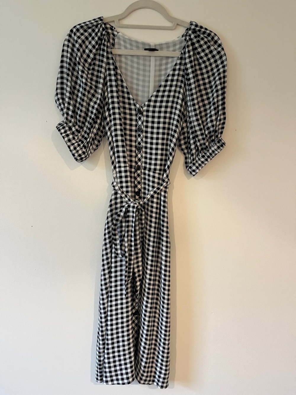 Ann Taylor B&W Gingham Cinched -Sleeve Midi Button Down Dress with Tie Waist